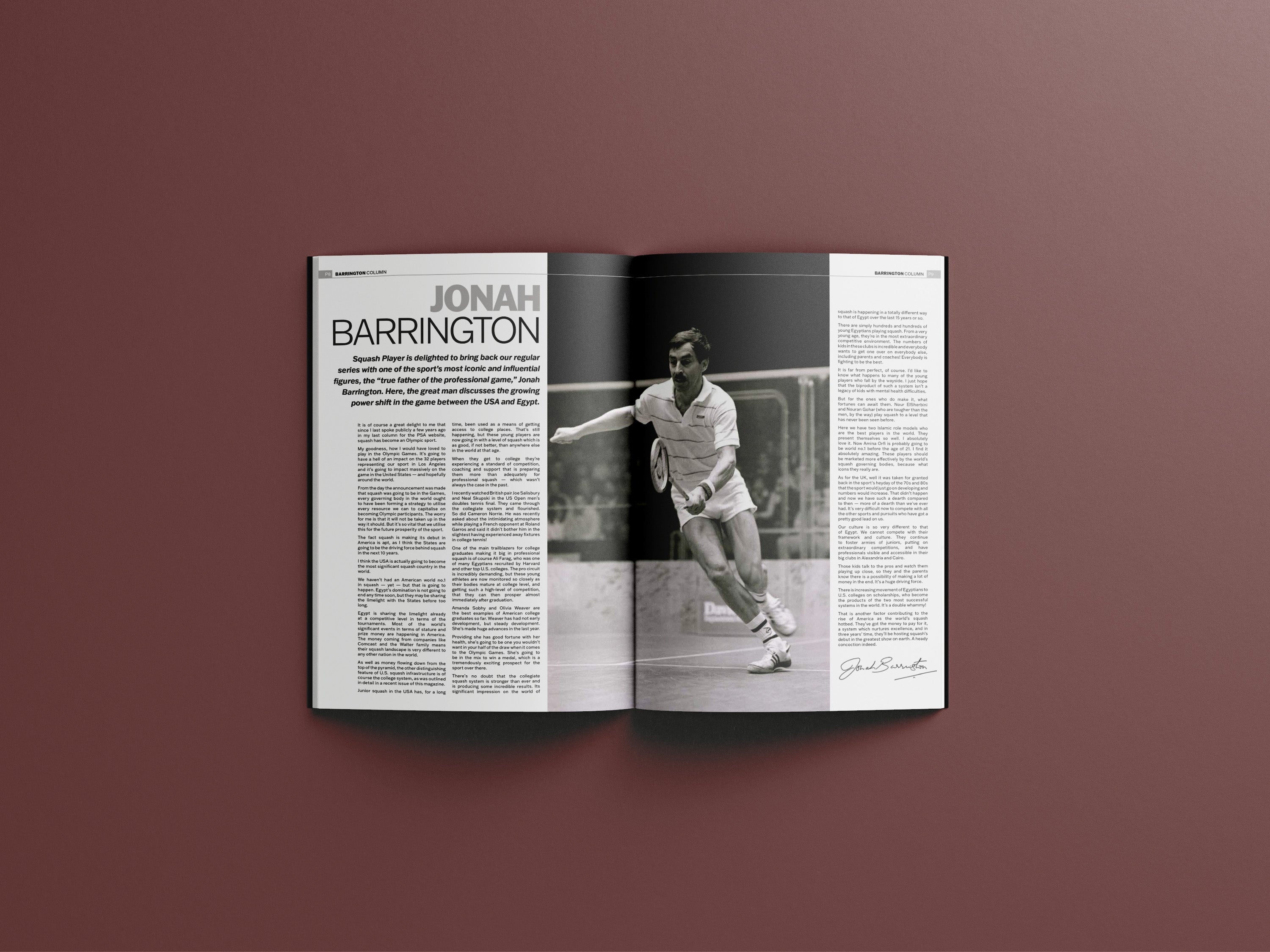 Open magazine with black and white photo of Jonah Barrington and text on a maroon background